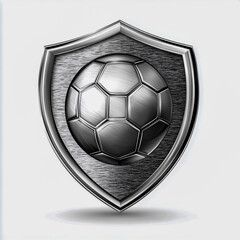 Sleek Brushed Metal Football Emblem with Intricate Engravings Bold 3D Sharp Angular Design Realistic Reflections Clean White Background Professional Sports Logo Style.