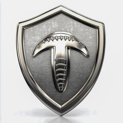 Sleek Brushed Metal Football Emblem with Intricate Engravings Bold 3D Sharp Angular Design Realistic Reflections Clean White Background Professional Sports Logo Style.