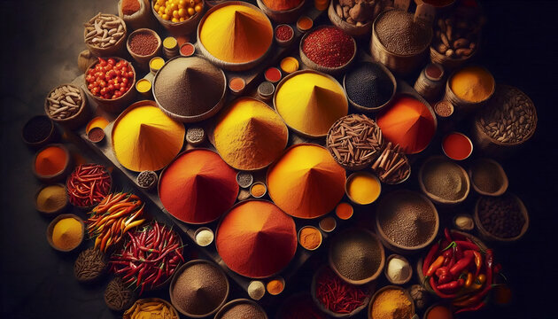 Overhead view of vibrant pyramids of turmeric, chili, and cumin in a traditional Indian spice bazaar, Ai generated image
