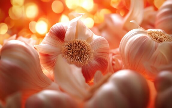 Macro of garlic bulbs and cloves with glowing orange bokeh lights in background.