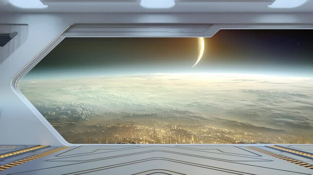 View from the interior of a futuristic space station, looking out through a large hangar bay doors. alpha mask included.