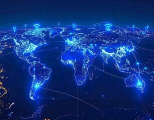 Global network map, glowing lines and points