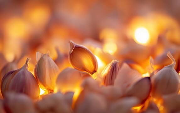 Macro of garlic cloves with glowing orange bokeh lights in background.