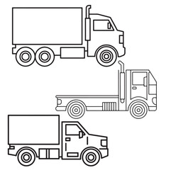 Outline Drawings of Different Types of Trucks, Black Silhouettes of Delivery Trucks and Flatbed, Black Silhouette Truck Icons Variety