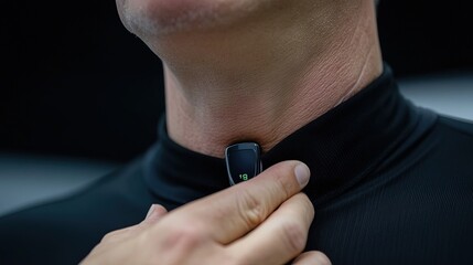 A hand holds a heart rate monitor to measure the pulse on the neck. 