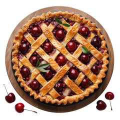 Cherry braided pie, berry tart on wooden board isolated on transparent PNG background