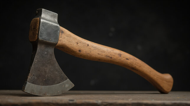 Vintage axe with wooden handle and steel blade, resting on rustic wooden surface, evokes sense of craftsmanship and utility