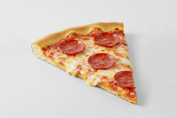 Delicious slice of pepperoni pizza on a white table.