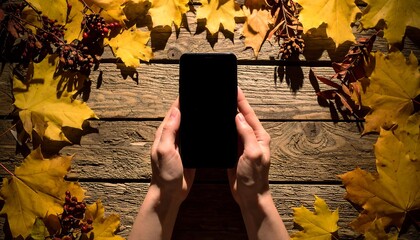 Overhead view of hands using a smartphone on a rustic wooden table with fall foliage decor