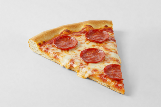 Delicious slice of pepperoni pizza on a white table.