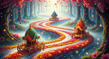 Three Festive Chariots Traveling Down the Flower Petal Rivers in Magical Forest in Background, Indian Mythology and Ratha Yatra Celebration Concept Background 