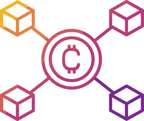 Gradient icon of a decentralized cryptocurrency network with a central coin connected to four blocks