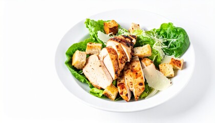 Classic Caesar salad with grilled chicken breast isolated on white background, romaine lettuce, parmesan, croutons, creamy dressing, copy space