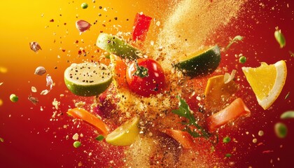 Vegetables and fruits frozen in explosion on yellow red background. Dynamic composition and lighting.