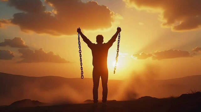 Silhouette breaking chains in sunrise, freedom concept

