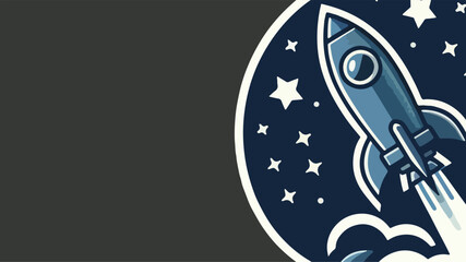 a logo that features a retro-inspired rocket ship, shades of blue and grey,
