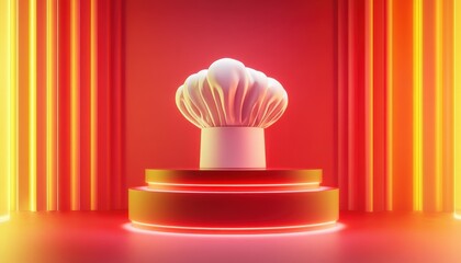 White chef hat on red podium with dramatic stage lighting.	