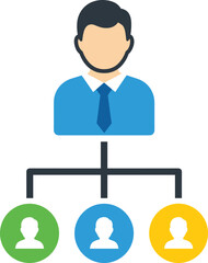Flat icon representing an organizational chart or employee hierarchy, showing a faceless manager figure in a blue shirt and tie, connected to three smaller, colorful circular subordinate icons (green,