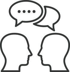 Line icon illustrating a conversation or dialogue, featuring two simplified human head silhouettes facing each other, with overlapping speech bubbles containing ellipses above them.
