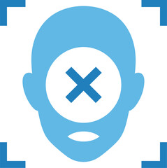 Blue icon representing facial recognition failure or access denied, showing a stylized human head silhouette with a large 'X' over the face area, framed by four corner brackets.