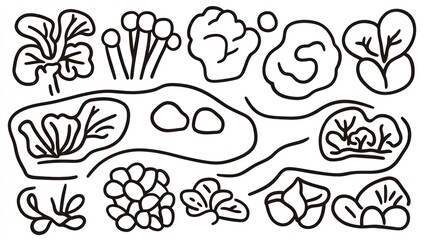 Simple black line drawing of various plant elements arranged in a landscape