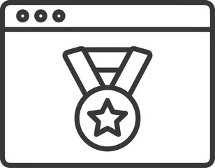 Website award or certification line icon showing a browser window with a medal