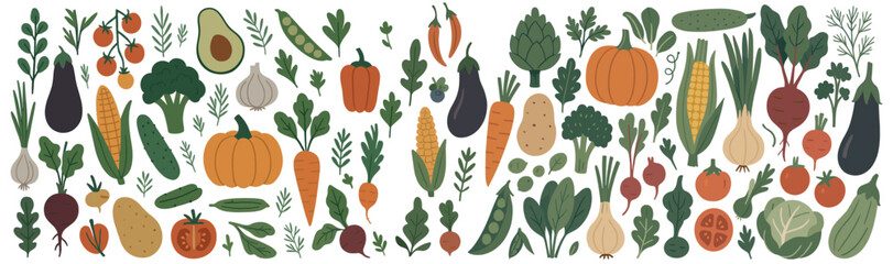 Seasonal vegetables and greens in decorative farm style