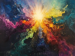 Radiant cosmic burst of colorful energy and flowing shapes in a dark expanse