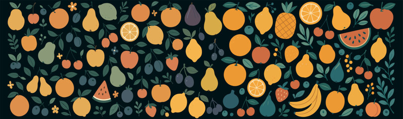 Ripe tropical fruits in decorative botanical style