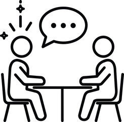 Line icon of two people at a table in discussion, representing a meeting or interview
