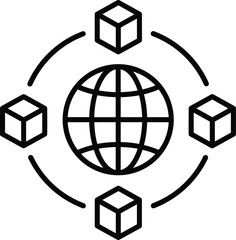 Global logistics and distribution network line icon with a globe and connected boxes