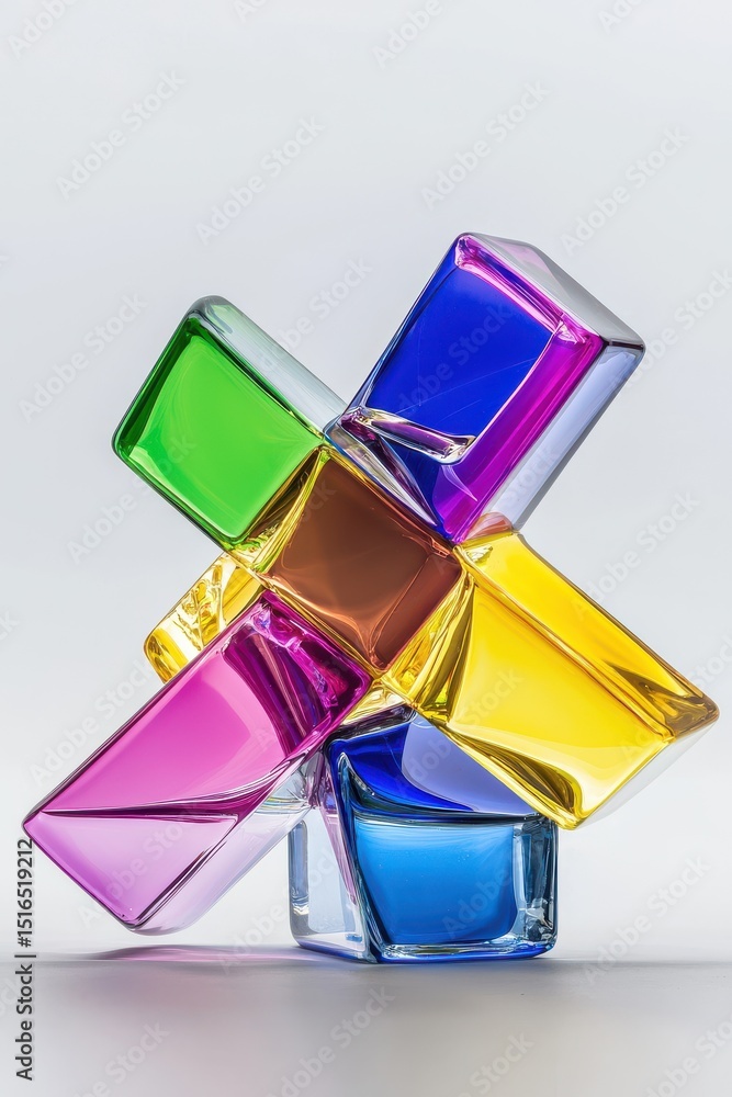 Poster a visually striking arrangement of vibrant multicolored glass prisms and cubes creating an abstract 