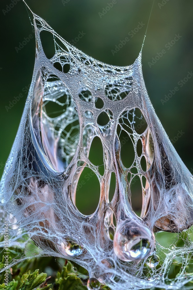 Aufkleber a finely woven spider web sparkling with tiny droplets of dew illuminated by soft natural light in t