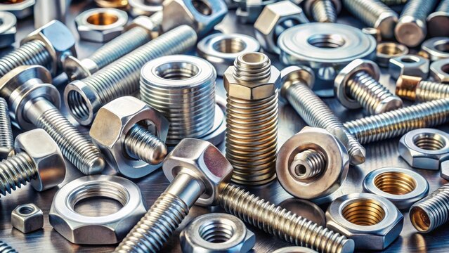 Close-up view of metallic fasteners, showcasing various sizes and types of bolts and nuts arranged on a dark surface