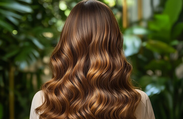 A detailed view of wavy, smooth brown hair with natural highlights, showcased in lush green scenery, emphasizing style and beauty