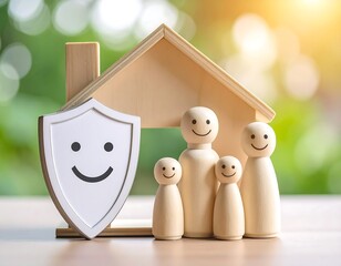 Obraz premium Wooden house with family and shield