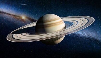 high resolution image of planet saturn with prominent rings on a cosmic background
