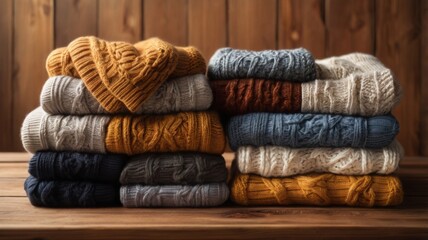 Stack of sweaters on a wooden table