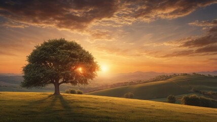 A lonely tree on a hill against the backdrop of sunset 