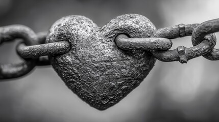A weathered heart shaped metal object is bound by a rugged chain symbolizing the enduring strength and resilience of human connections and relationships