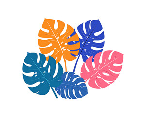 Vibrant Monstera Leaf Cluster Orange Blue Pink and Teal Tropical Foliage