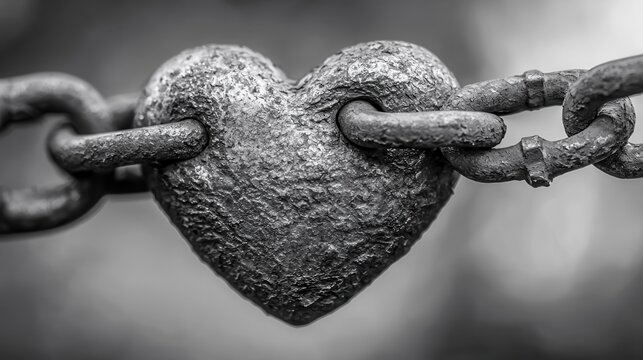 A weathered heart shaped metal object is bound by a rugged chain symbolizing the enduring strength and resilience of human connections and relationships