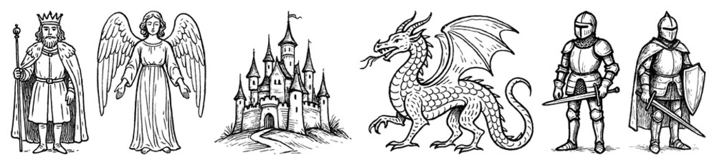 Obraz premium PNG Medieval fantasy icons collection, element set on transparent background