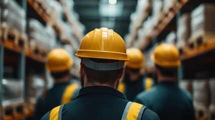 A group of warehouse workers in yellow hard hats navigating aisles filled with shelves of goods, symbolizing teamwork and the logistics of busy distribution centers.