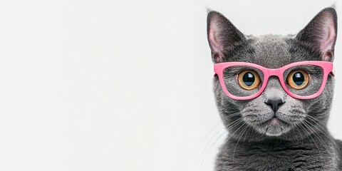 Stylish gray cat wearing pink glasses against minimal light background. Close-up profile view, modern and quirky concept ideal for humor, fashion, or pet-themed designs and ads. Banner
