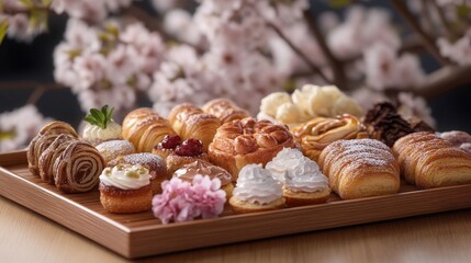 A beautiful assortment of pastries arranged on a wooden tray with cherry blossoms.