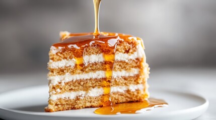 A mouthwatering slice of cake drizzled with golden honey presents a tempting treat, celebrating the joy of indulgence and the delightful experience of enjoying sweet desserts.