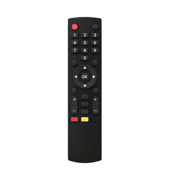 Black TV remote control with colored buttons isolated on a transparent background