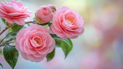 Delicate pink roses in soft focus, highlighting natural beauty and tranquility.