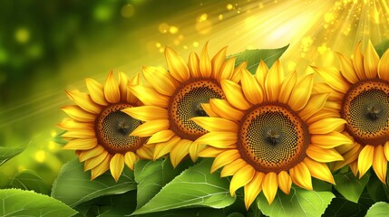 Fototapeta premium Vibrant sunflowers basking in sunlight with lush green leaves.